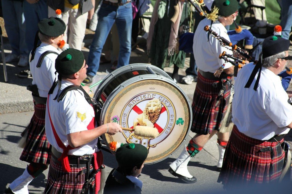 Pipes and drums groups march in the St. Augustine St. Patrick's Day Parade.