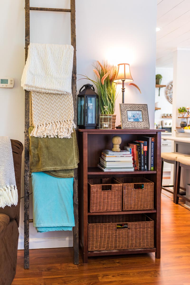 basket and ladder storage for blankets and books in las palmas condo st augustine