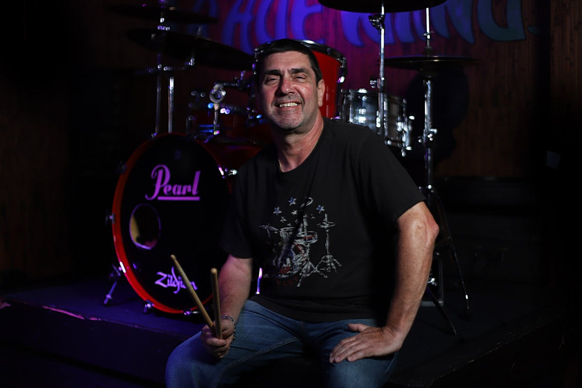 st augustine drummer oleg shkolyar poses with his drum set