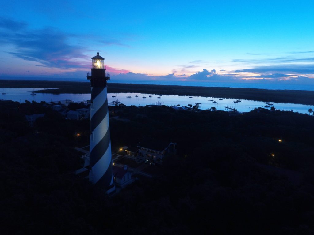 st augustine lighthouse aerial view at sunset
